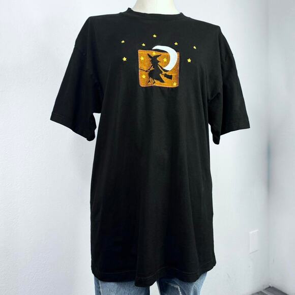 Vintage 90s Halloween Witch Embroidered Tee Black Moon Stars T-Shirt Large, - Picture 2 of 5